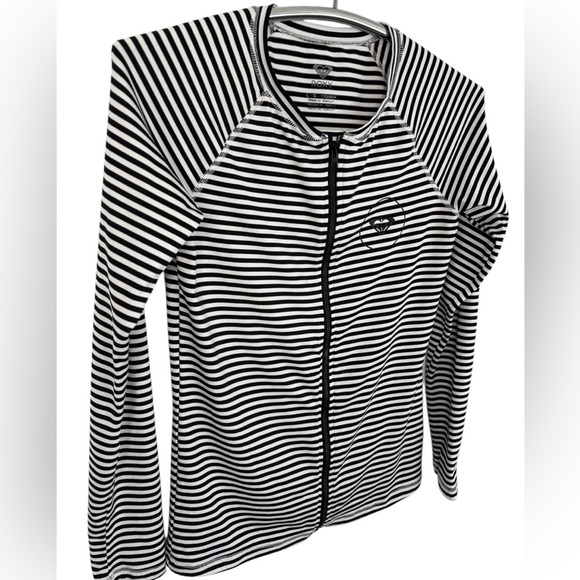 Roxy Black and White Striped Zip Long Sleeve Full Zip Swim Sun Shirt, Large - Picture 3 of 13